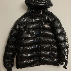 Used Moncler men’s small black asymmetrical zipper on left side shiny jacket